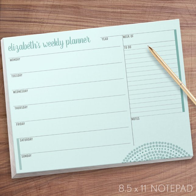 Bloco De Notas Planeador Semanal com Nome Personalizado - Verde (Weekly Planner Notepad - Personalized)