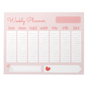 Bloco De Notas Planeador Semanal Cor-de-Rosa e Pastel Branco para