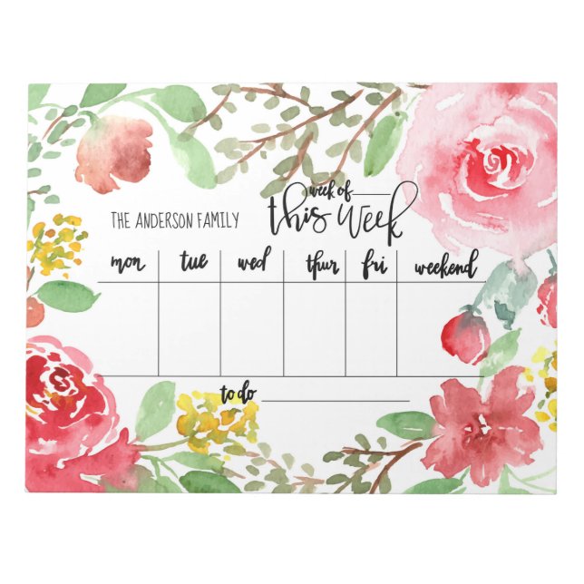 Bloco De Notas Planeador semanal de aquarela floral  (Frente)