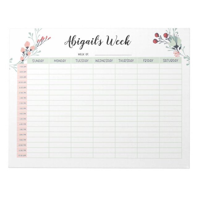 Bloco De Notas Planeador semanal por hora com início de domingo 7 (Frente)