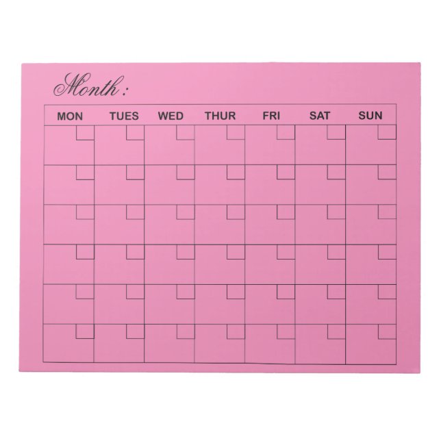 Bloco De Notas Planejador de Calendário Mensal Rosa Elegante (Frente)