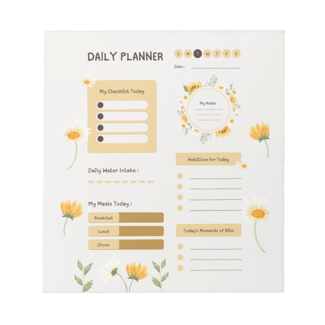 Bloco De Notas Planejador Diário Floral com Girassóis e Margarida (Frente)