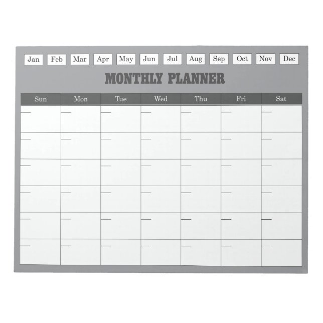 Bloco De Notas Planejador Mensal Calendário Simples Cinza (Frente)