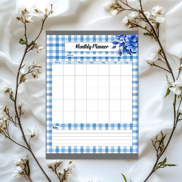 Bloco De Notas Planejador Mensal Xadrez Floral Azul