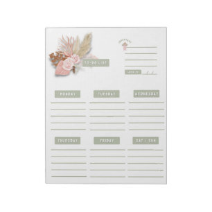 Bloco De Notas Planejador Semanal Calendário Floral Verde Rosa Bo
