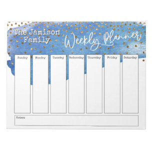 Bloco De Notas Planejador Semanal Confetti Dourado Brushaft Azul