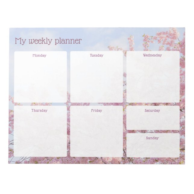 Bloco De Notas Planejador semanal de árvore sakura da primavera,  (Frente)