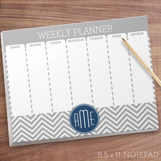 Bloco De Notas Planejador Semanal de Padrão de Cevron de marinho  (Weekly Planner Notepad - Personalized)