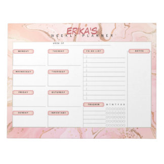 Bloco De Notas Planejador Semanal Personalizado de rosa Dourado
