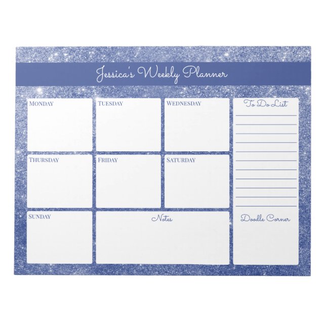 Bloco De Notas Planejador Semanal Personalizado do Shimmer Azul e (Frente)