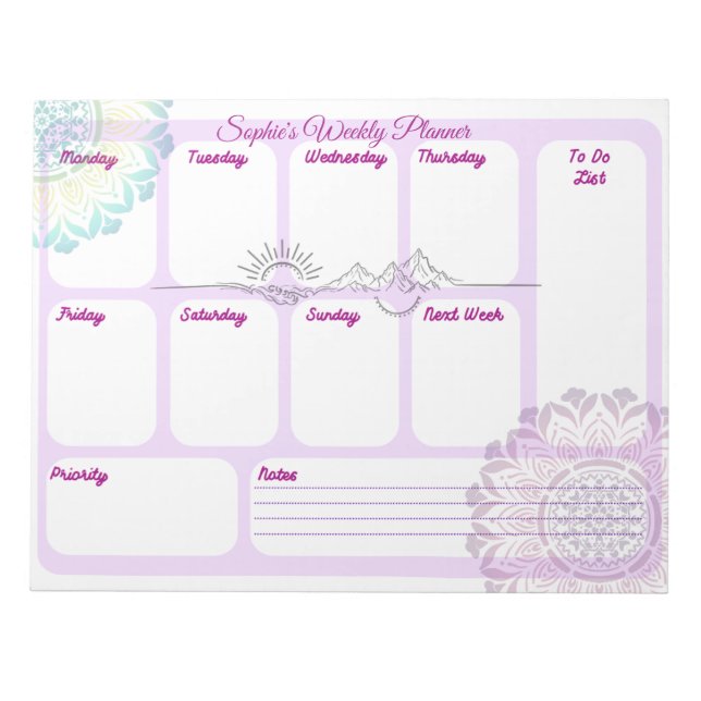 Bloco De Notas Plano Semanal Espiritual Boho Mandala para Mesa (Frente)