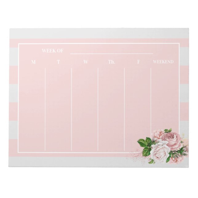 Bloco De Notas Planos Semanais Florais Listrados Rosa Bege Elegan (Frente)