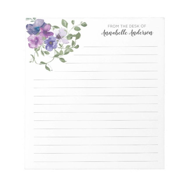 Bloco De Notas Planta de Aquarela Floral Roxo Moderna Elegante (Frente)