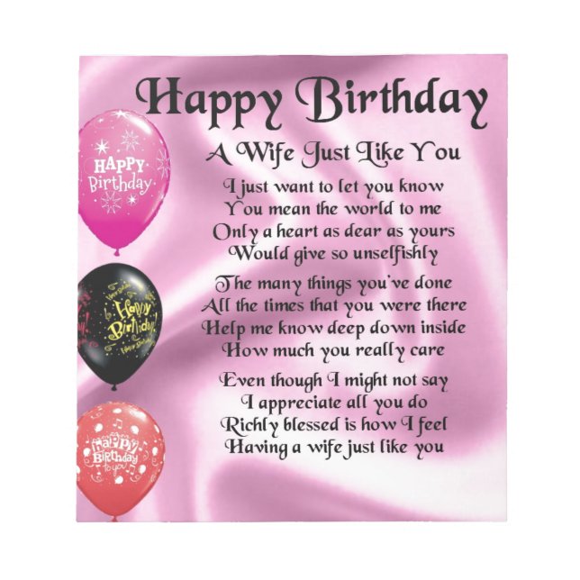 Bloco De Notas Poema da Esposa - Design de Feliz Aniversário (Frente)