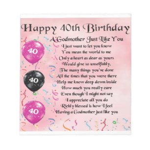 Bloco De Notas Poema da madrinha - design do aniversário de 40