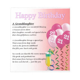 Bloco De Notas Poema da neta aniversário de 21 anos