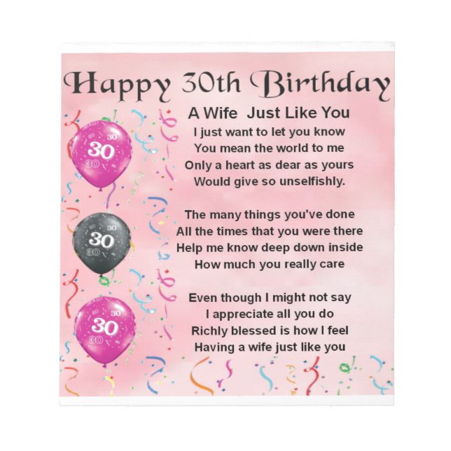 Bloco De Notas Poema de Esposa - 30º Aniversário (Frente)