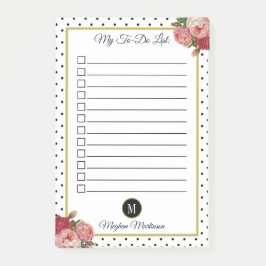 Bloco De Notas Pontos brancos pretos Monograma floral Nome a faze