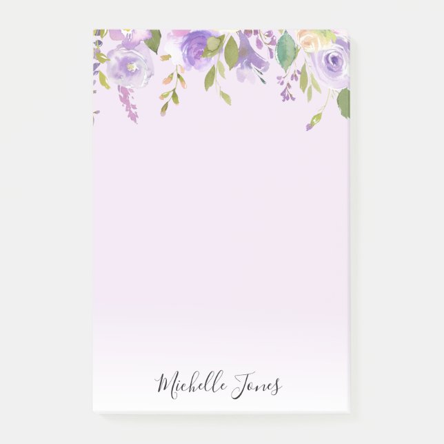 Bloco De Notas posto personalizado floral roxo anotado (Frente)