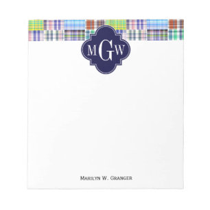 Bloco De Notas Pré-Pilhas Madras Marinho Quatrefoil Monograma