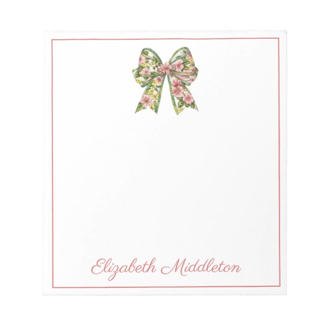 Bloco De Notas Preppy Floral Pink and Green Bow Personalized (Frente)