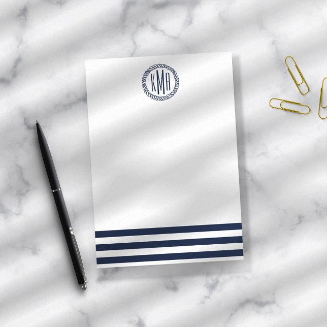Bloco De Notas Preppy Nautical Navy Stripe & Monogram (Criador carregado)