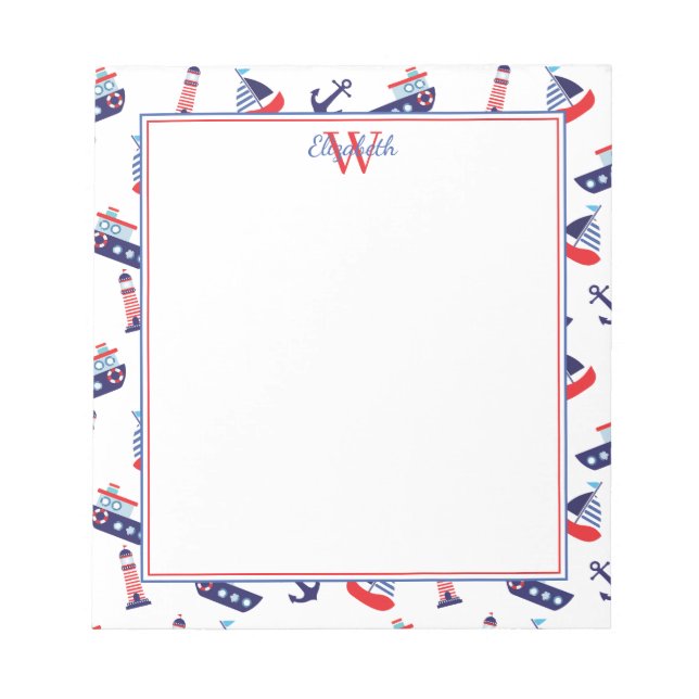 Bloco De Notas Preppy Nautical Sailboats Monogram (Frente)