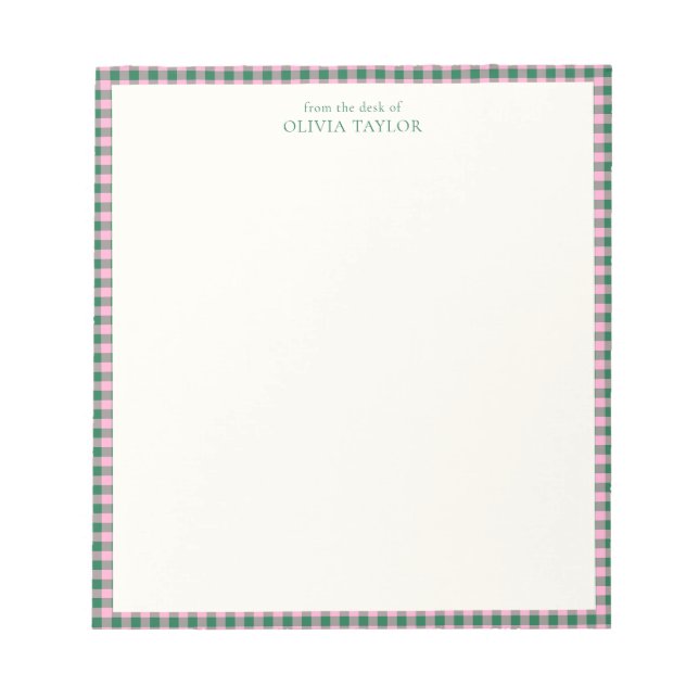 Bloco De Notas Preppy Pink Green Gingham Plaid Personalized Name (Frente)