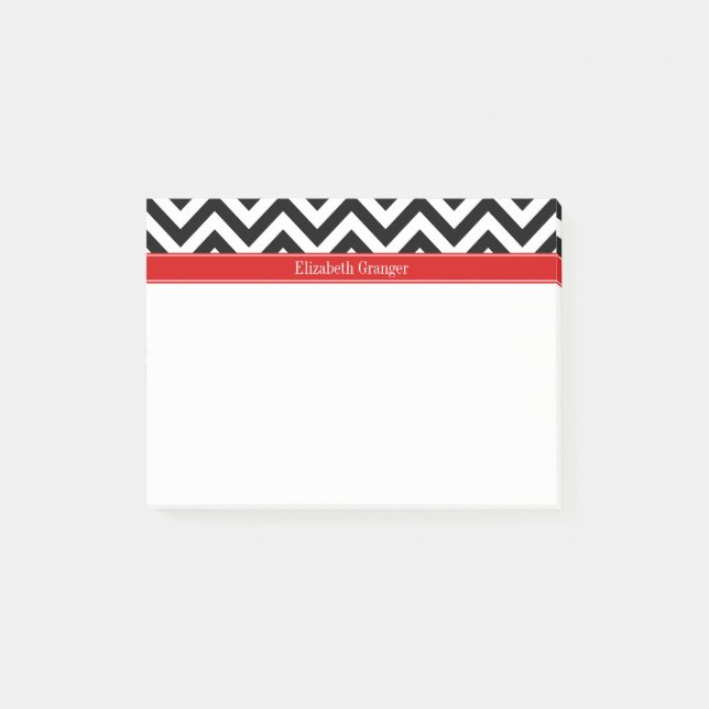 Bloco De Notas Preto Branco LG Chevron Vermelho Nome Monograma (Frente)