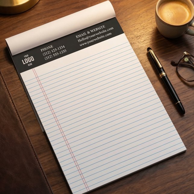 Bloco de Notas Preto com Logotipo Comercial Person (Custom Business Logo Notepad with Blue Ruled Lines)