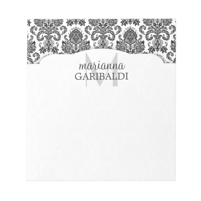 Bloco De Notas Preto e Branco moderno Damask Personalizado (Frente)