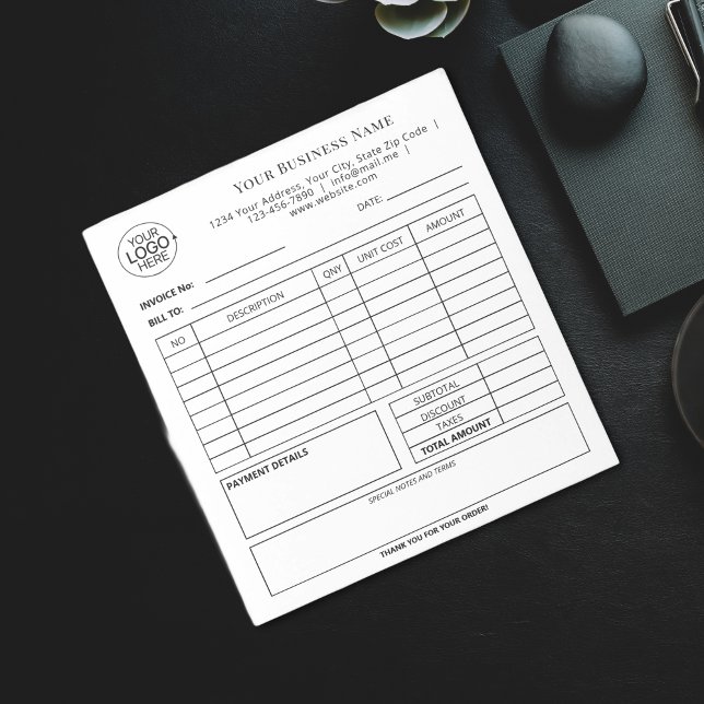 Bloco De Notas Preto e branco simples Adicionar sua fatura de log (Simple Black and White Add Your Logo Invoice Notepad)
