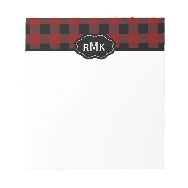 Bloco De Notas Preto e Vermelho Plaid Búfalo Monogramado (Frente)