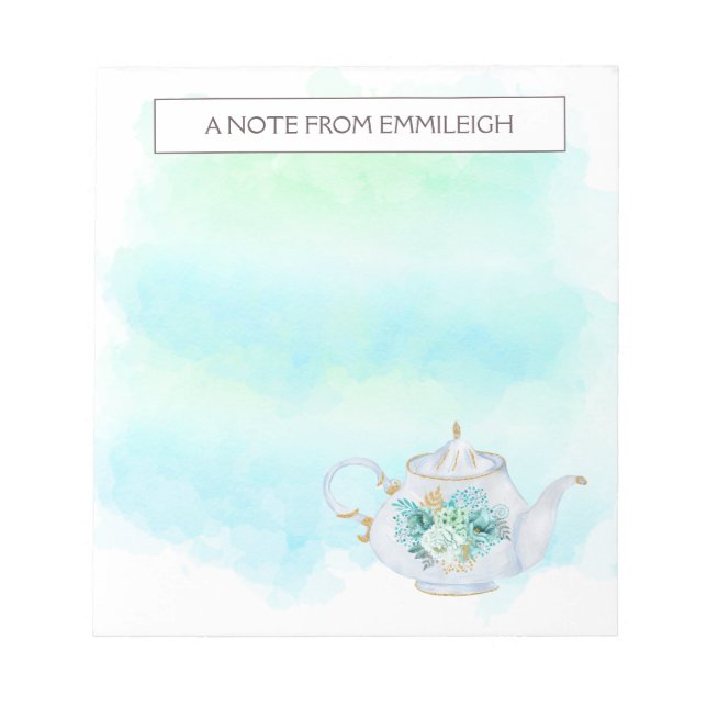 Bloco De Notas Pretty Tea Pot Mint Green Gold Flowers Notepad (Frente)