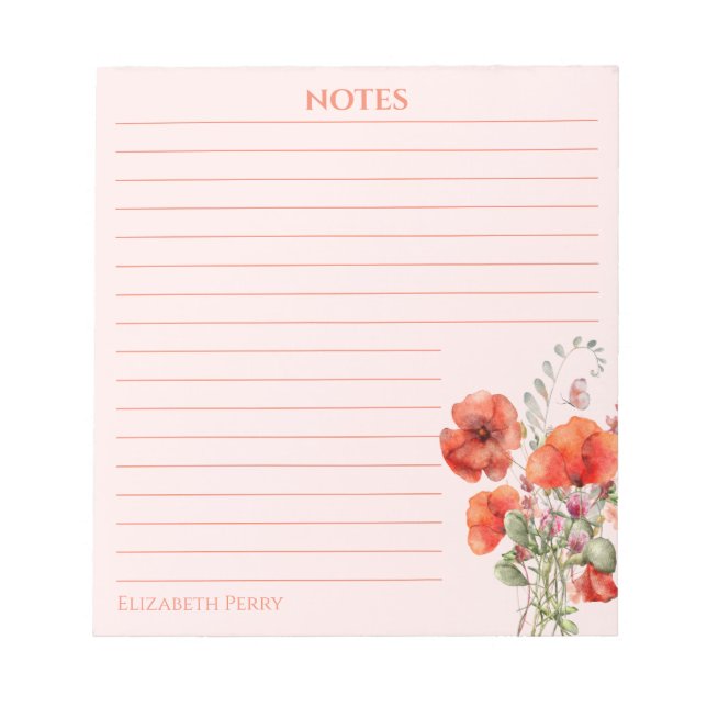 Bloco De Notas Primavera Wildflower Poppy Floral Personalizado (Frente)