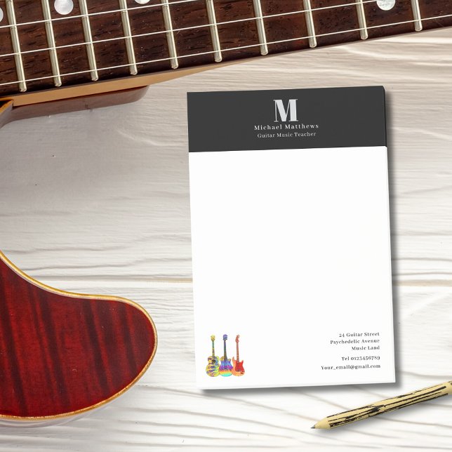 Bloco De Notas Professor de Violão Lições de Música Personalizar  (Guita music teacher custom business post-it notes with monogram and contact details)