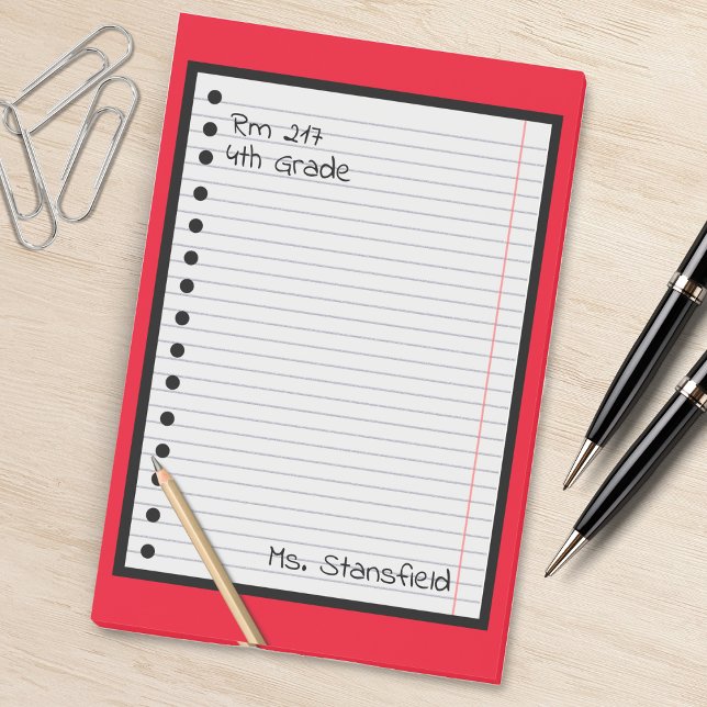 Bloco De Notas Professora Estudante Sala de aula de Papel Perdeu  (red lined paper pencil school teacher notepad)