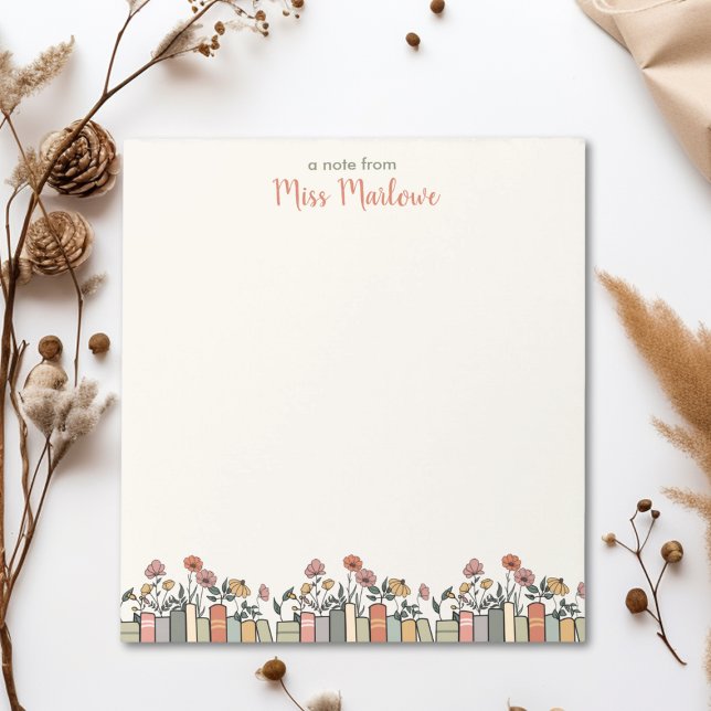 Bloco De Notas Professora Personalizada da Fronteira do Livro de  (This Wildflower Book Border Personalized Teacher Appreciation Notepad makes a great teacher gift.)