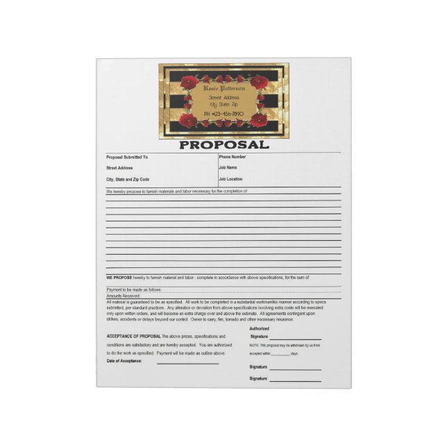 Bloco De Notas Proposta de Rosas Gem Dourados Pretos (Invertido)