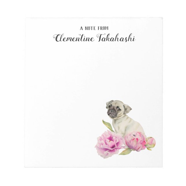 Bloco De Notas Pug Dog Floral Watercolor | Adicione seu nome (Frente)