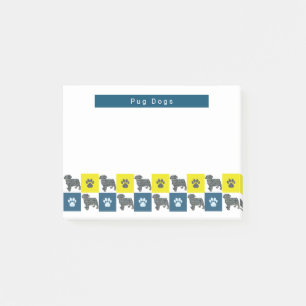 Bloco De Notas Pug Dog & Paw Yellow & Blue Grid Silhouter
