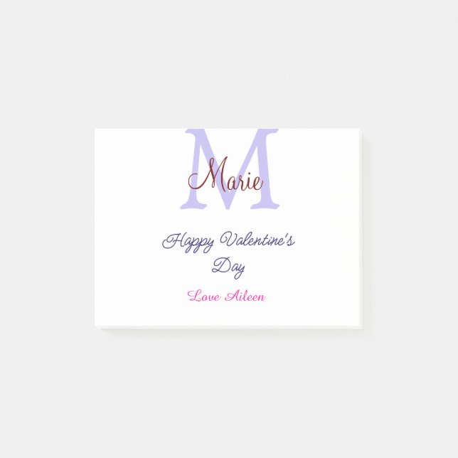 Bloco De Notas Purple pastel happy Valentine's day pink monogram  (Frente)