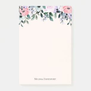 Bloco De Notas Púrpura Rosa e Aquarela Floral Verde