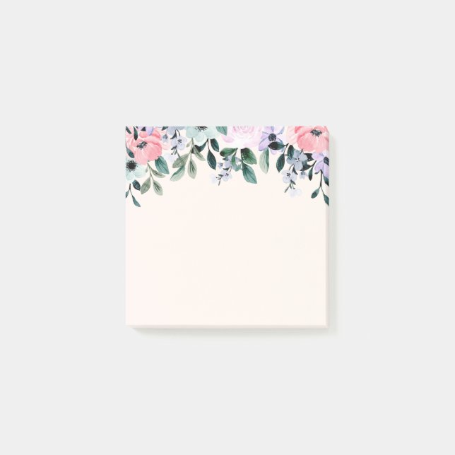 Bloco De Notas Púrpura Rosa e Aquarela Floral Verde (Frente)