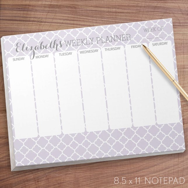 Bloco De Notas Quatrefoil de Cinza Púrpura Pastel com Planejador  (Weekly Planner Notepad - Personalized)