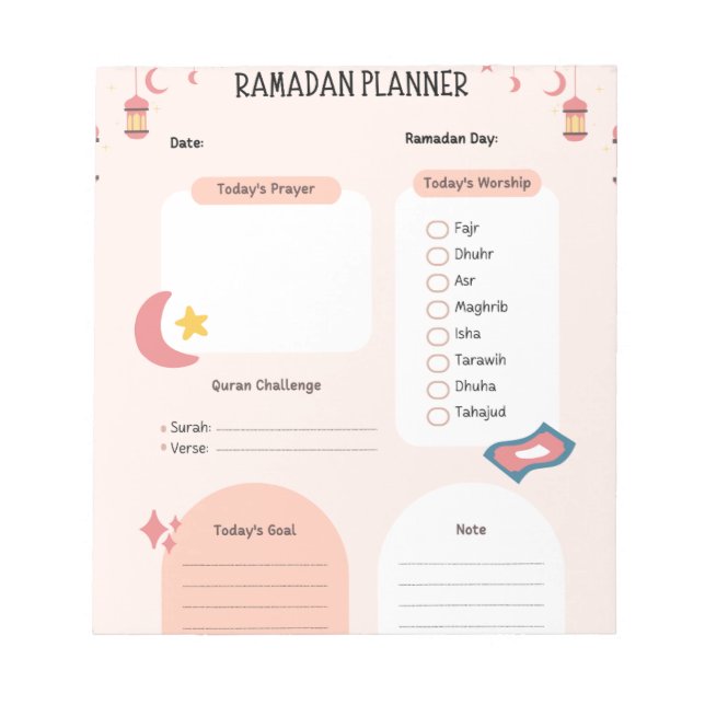 Bloco De Notas Ramadan Tracker | Planejador diário para Ramadã (Frente)