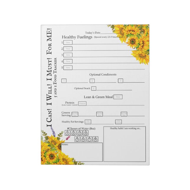 Bloco De Notas Rastreador de Comidas de Canto de Girassol (Invertido)