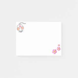 Bloco De Notas Rato branco fofo e flores cor-de-rosa em branco