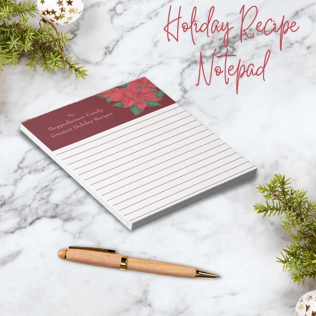 Bloco De Notas Receita de Feriado da Família de Poinsettias Verme (Watercolor Red Poinsettias Family Holiday Recipes Notepad)