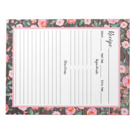 Bloco De Notas Receita Rústica De Madeira Floral Escura Rosa